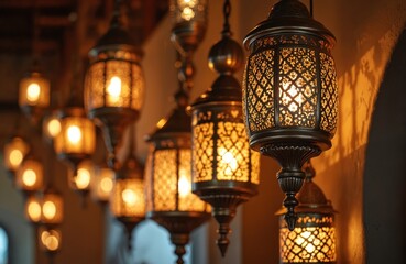 Intricate metal Arabic lanterns hang, casting warm light. Ornate patterns illuminate spaces with traditional Middle Eastern ambiance. Used for decor, culture, and festive occasions.