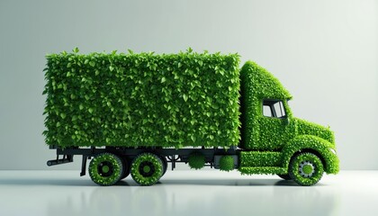 Futuristic green delivery truck covered in rich foliage represents eco-friendly transport solutions. Innovative vehicle blend of nature, technology promoting sustainable logistics. Commitment to