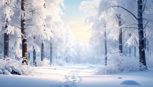 Winter Wonderland A Serene Snow-Covered Forest Landscape on a Sunny Day, Perfect for Relaxation - Powered by Adobe