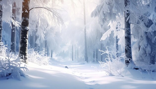 Winter wonderland A serene snow-covered forest path bathed in sunlight, tranquil beauty