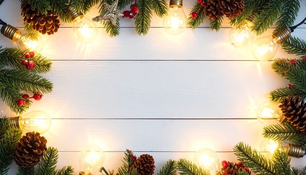 Festive Christmas Border Twinkling Lights, Pine, and Decorations on White Wooden Backdrop