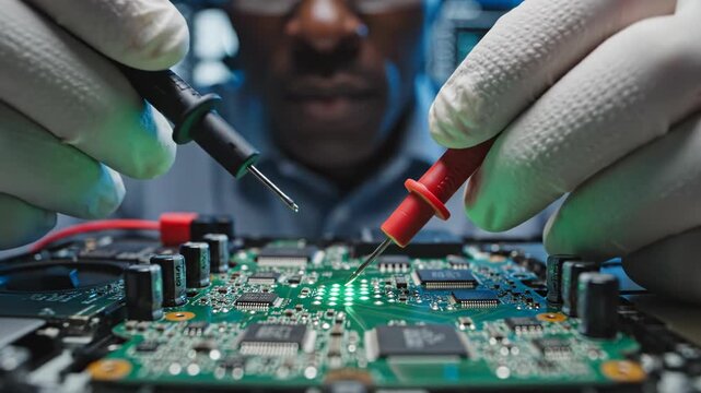 Closeup of engineer wearing glove testing electronic circuit board with multimeter causing electrical spark 4k video