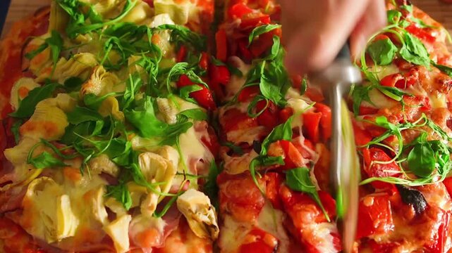 Man cutting homemade pizza al trancio with potatoes, rucola and mozzarella cheese 