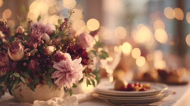 Table with a white plate and a vase of flowers. The flowers are pink and purple and are arranged in a bowl. The table setting is elegant and inviting, with a sense of warmth and comfort - Powered by Adobe