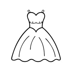Simple black and white outline illustration of a beautiful womens formal dress, featuring a strapless bodice and full skirt, ideal for coloring books, fashion design, and event invitations