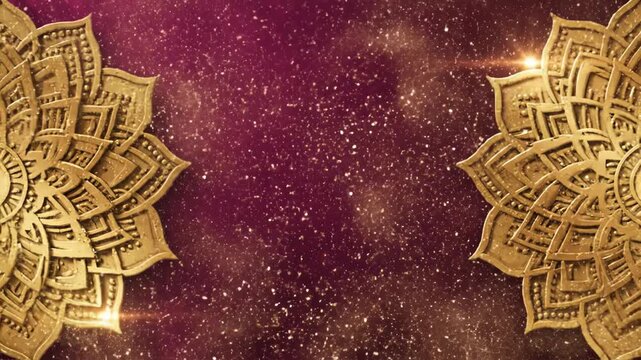 Elegant gold mandala ornament design on a rich burgundy velvet background with sparkling light effect 4k video