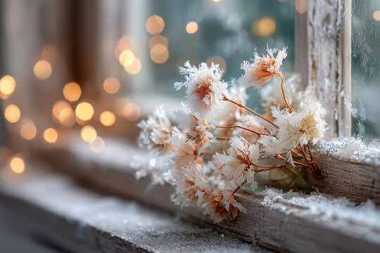 Winterliche Fensterdekoration mit Frost, Blumen und nat&uuml;rlicher Winteratmosph&auml;re