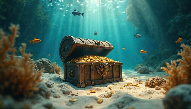 Open treasure chest with gold coins lies on seabed underwater. Sun rays illuminate marine life with fish in sea. Concept of treasure hunting, lost wealth, golden fortune.
