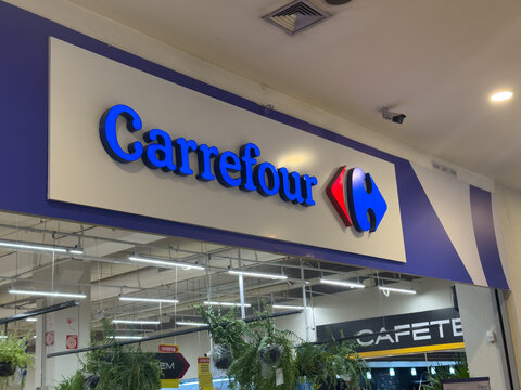BELO HORIZONTE, MG, BRAZIL &ndash; NOVEMBER, 26, 2025: Sign for Carrefour supermarket, a major retail chain, displayed at an entrance.
