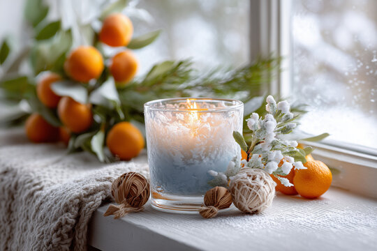 Winterliche Fensterdeko mit Kerzenlicht und Naturarrangements &ndash; gem&uuml;tliche skandinavische Atmosph&auml;re