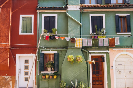Colorful houses line in Burano island, Venice