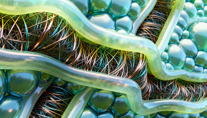 abstract fusion of organic cellular structures and synthetic fiber networks, echoing modern biotech aesthetics  colorful 3d