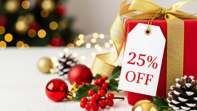Christmas gift box with a 25% OFF discount tag. Special holiday shopping offers and promotions. - Powered by Adobe