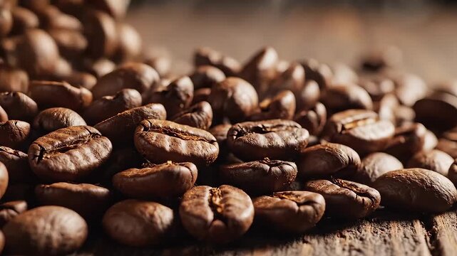 Closeup Macro Shot of Roasted Coffee Beans on a Rustic Wooden Surface.