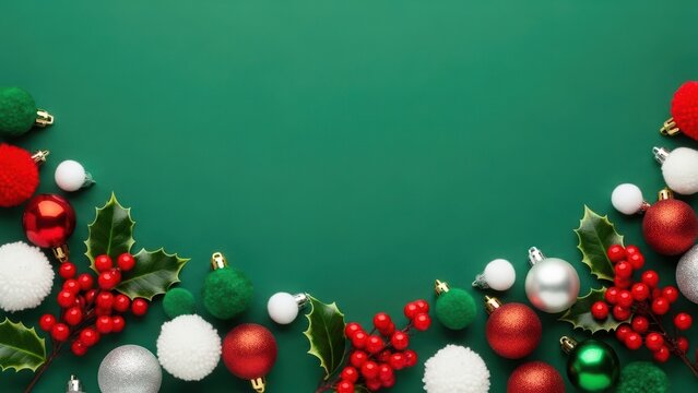 Christmas frame with festive ornaments, holly berry, and copy space on a green background. Holiday decoration for greeting card and banner design.
