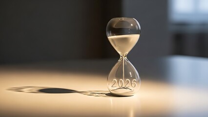 New Year 2026 hourglass countdown with golden sand on a warm minimalist background, symbolizing time and year transition | Happy new year 2026 | 2026 | Happy new year