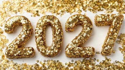 Golden Glitter 2027: New Year Numbers on Stacks of Gold Coins Representing Financial Growth