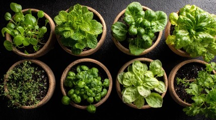Various herbs and leafy greens are thriving in small clay pots arranged neatly on a countertop. This indoor garden creates a vibrant atmosphere filled with life.
