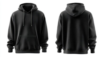 A blank black pullover hoodie shown from front and back views, isolated on white backgrounded, clean and stylish mockup, perfect for fashion or apparel design presentations