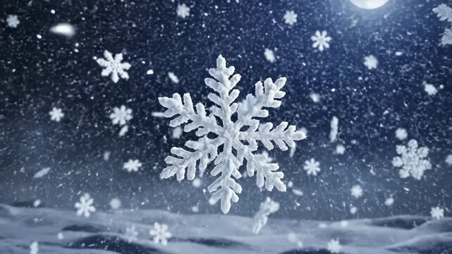 Heavy snowfall with large detailed snowflake shapes falling against a dark, moonlit winter night sky and snowy ground 4k video