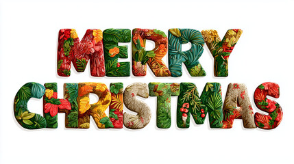 Merry Christmas is made with a colorful swamp pattern isolated on a white background.