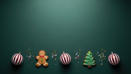 Gingerbread man cookies, Christmas tree, and ornament on dark green background with confetti. Holiday season concept for Christmas greeting card.