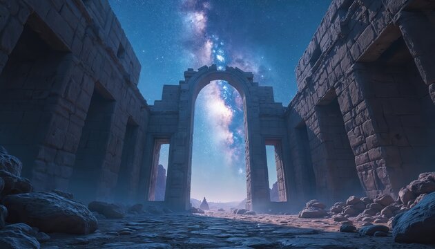 Ancient alien temple is aligned perfectly with milky way. Ruins tell stories under galaxy eyes. Fantasy night landscape with cosmic sky full of stars and temple ruins. Light and space travel themes.