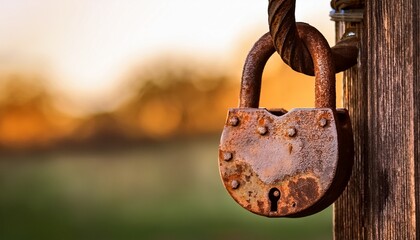A Rusty Old Padlock Hanging On A Wooden Fence With A Blurred Background