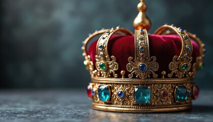 Close up of ornate gold crown with red velvet and blue green jewels. Symbol of royalty power luxury and monarchy. Majestic headwear artifact for king queen ruler.