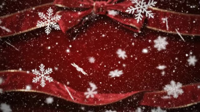 Falling white snowflake animation loop on deep red background with velvet ribbon border for christmas 4k video