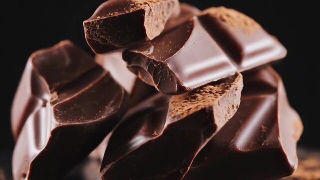 Delicious Dark Chocolate Chunks Close Up on Black Background.