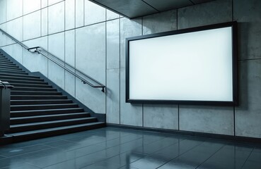 Empty billboard stands in subway station near stairs. Blank poster awaits new adverts, promotions. Subway provides transport solutions for commuters. Modern architecture with geometric wall panels