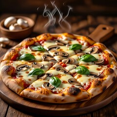 pizza on a wooden table