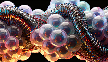 abstract fusion of organic cellular structures and synthetic fiber networks, echoing modern biotech aesthetics  colorful 3d