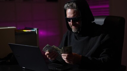 Digital money thief. Hacker programmer in hoodie at office laptop, gaming. Hacker attack. Technology cybercrime. Hooded hacker online security. Hacking expert. Hacking and malware concept - Powered by Adobe