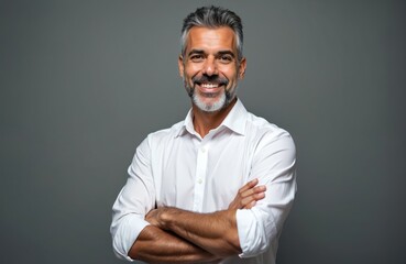 Fototapeta premium Smiling man poses with crossed arms. Confident bearded businessman in white shirt smiles against grey background. Positive mature male leader expresses success, career aspirations in corporate studio