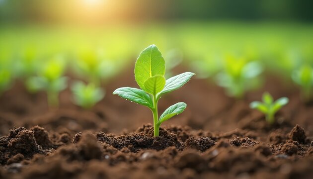 Young green soybean sprout emerges from rich dark soil. Tiny plant with fresh leaves grows in field. Sun shines on agriculture scene. New life begins.