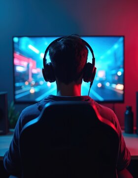 Teen plays video game on monitor. Gamer wears headset in neon dark room. Home entertainment with latest digital tech. Modern player enjoys online competition on personal computer.