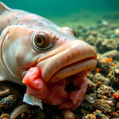 Close up of Lungfish or Lung fish feeding on fish meat