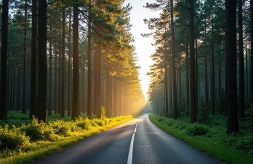 Scenic country road winds through dense pine forest at sunrise. Golden sunbeams shine between tall trees lighting path. Empty asphalt highway invites peaceful travel adventure into nature green