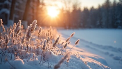 Frosted reeds stand tall on snowy meadow during golden sunset light. Winter landscape shows peaceful nature with frosty plants near frozen lake. Soft sun rays illuminate snow covered field.
