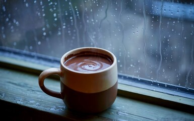 Steaming hot chocolate mug on wooden window sill, rainy day glass background, water drops texture, cozy winter atmosphere, autumn weather, wet rain streaks, relaxing home concept, comfort coffee cup.