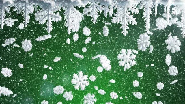 Falling white snowflake and frost border design against a vibrant green background suggesting a cold winter atmosphere 4k video