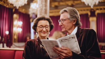 Senior couple reading theater program before show. Elderly pair examining playbill in auditorium seats. Mature retirees looking at performance schedule together.