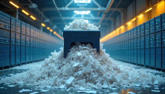 Overflowing shredder sits in archive room. Paper documents destroyed for security reasons. Confidential information turns into pile waste. Concept of eco friendly paper recycling business at blue - Powered by Adobe
