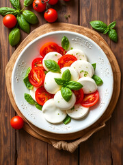 Burrata Caprese Salad with Fresh Tomatoes and Basil on Rustic Table