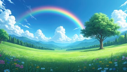 Fototapeta premium Scenic illustration of a vibrant landscape. Rainbow arches across blue sky above green fields. A rich tree stands tall. Picturesque nature scene with beautiful clouds.
