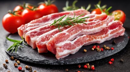 Obraz premium Juicy pork ribs are arranged on a dark stone platter alongside vibrant cherry tomatoes and fresh rosemary, creating a colorful and appetizing scene in the kitchen.