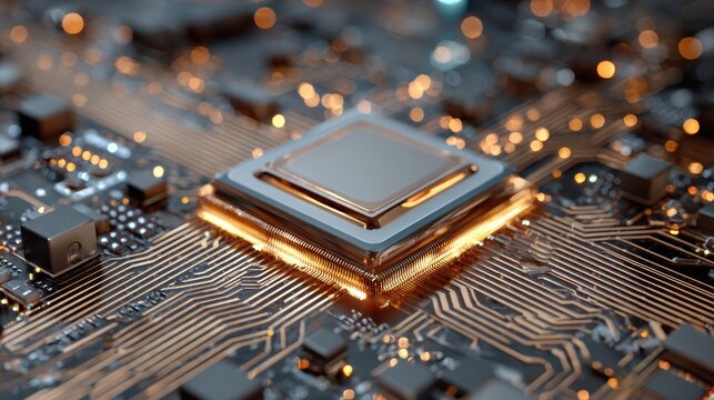 This scene highlights a microprocessor mounted on a circuit board, surrounded by intricate pathways and glowing elements, demonstrating advanced technology.