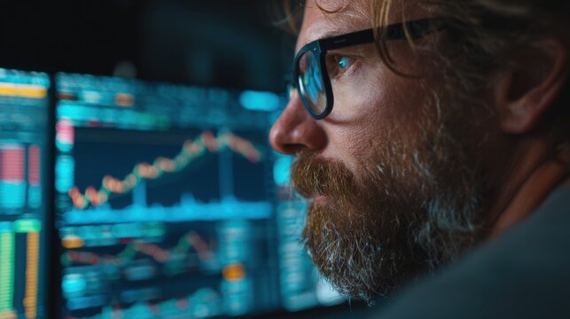 A man with a thick beard and glasses closely watches financial charts on several computer displays. It is late at night, and the room has a subdued atmosphere.